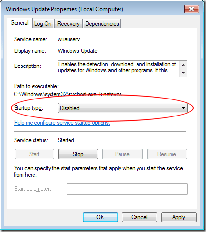 Set the Startup Type in Windows 7 Update Service